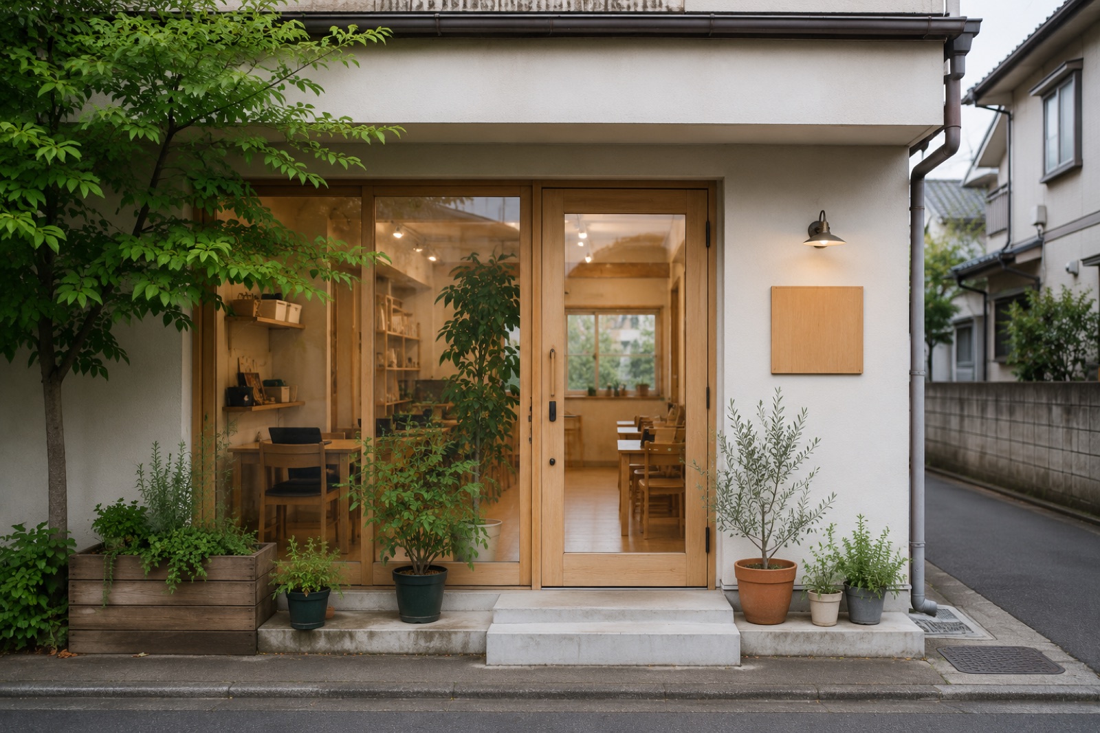 住宅街にある、木のドアと植栽が並ぶ小さなbugの教室の外観