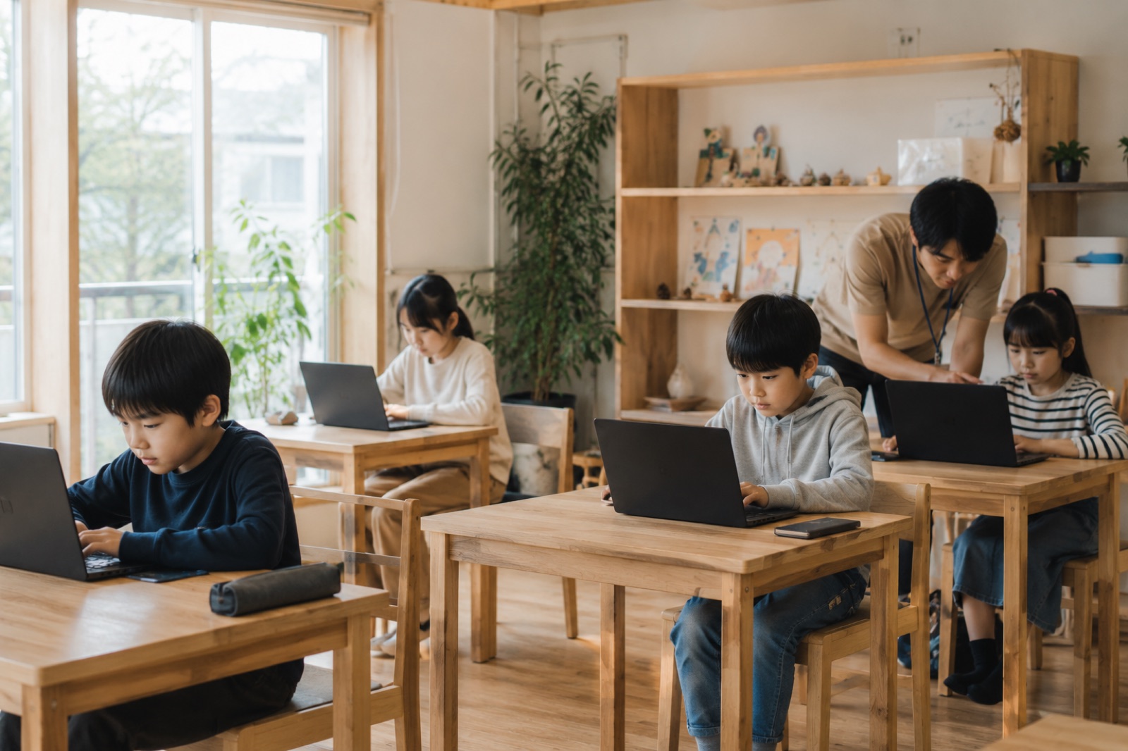 明るい教室で、それぞれのノートパソコンに向かう少人数の子どもたちと見守る講師