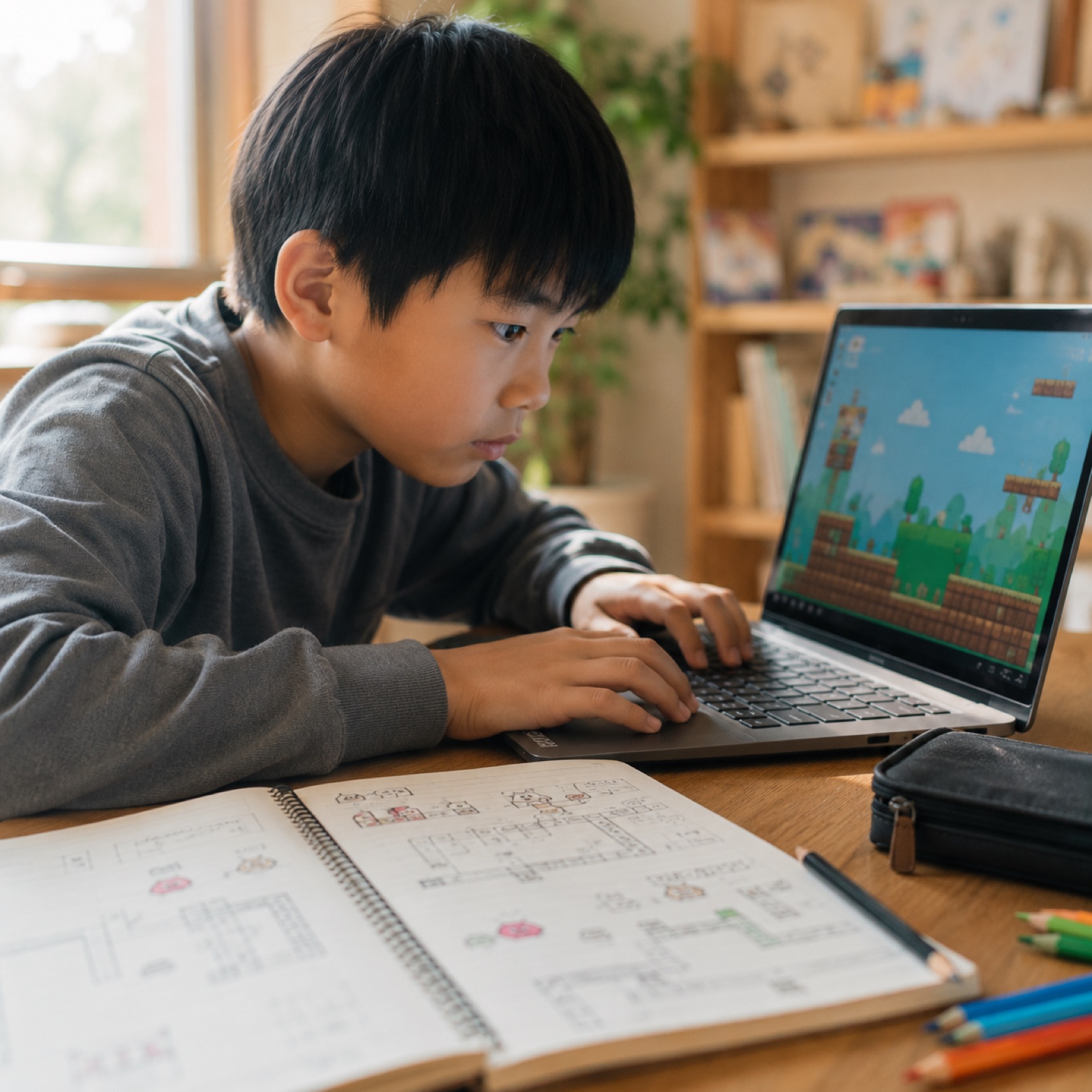自分のゲームを制作する小学校中学年の子ども
