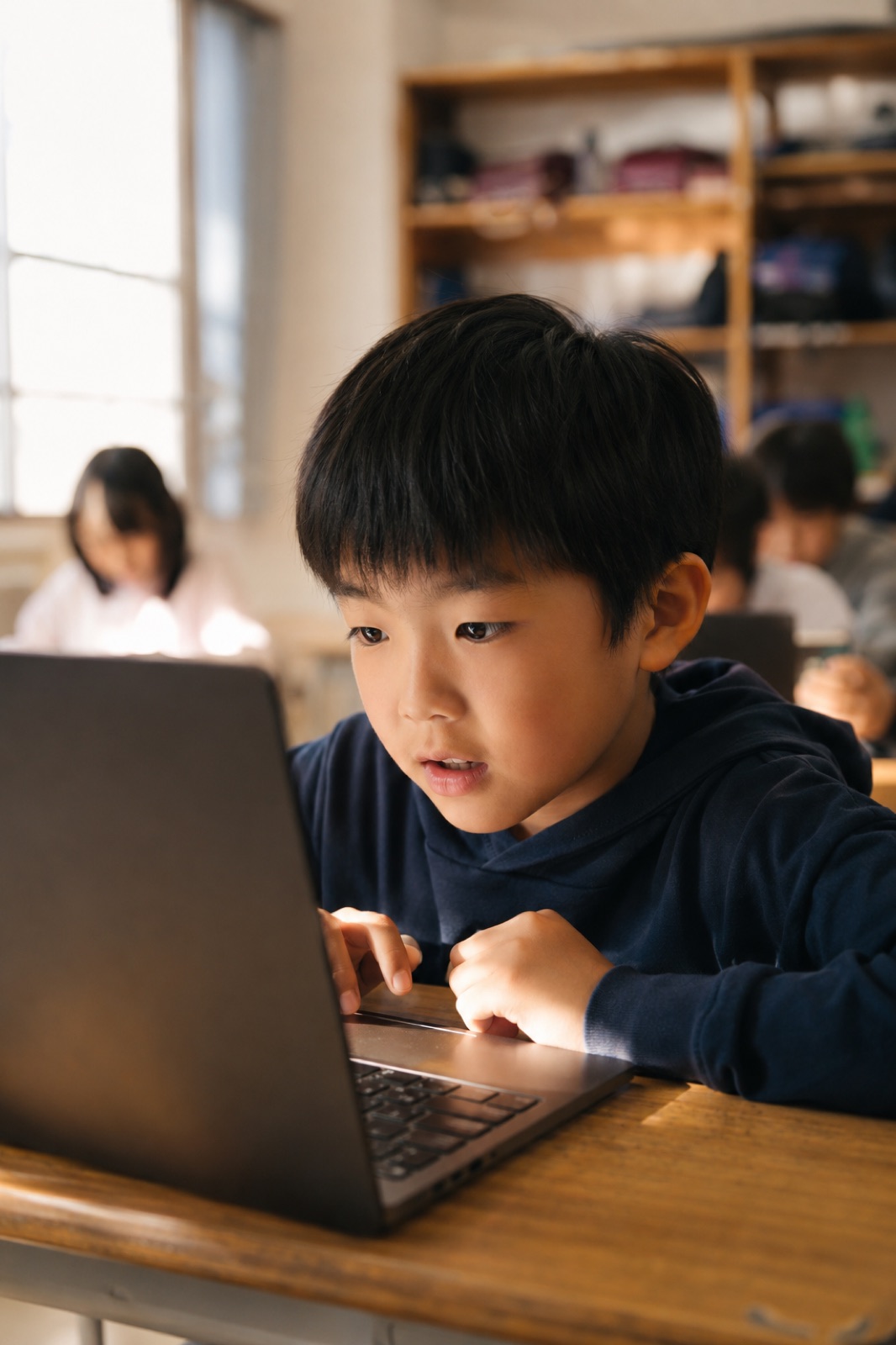 ノートパソコンの画面に夢中になって取り組む小学生
