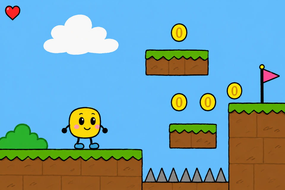 こどもが作った2Dアクションゲームの画面。キャラクターと足場、コイン、ゴールの旗