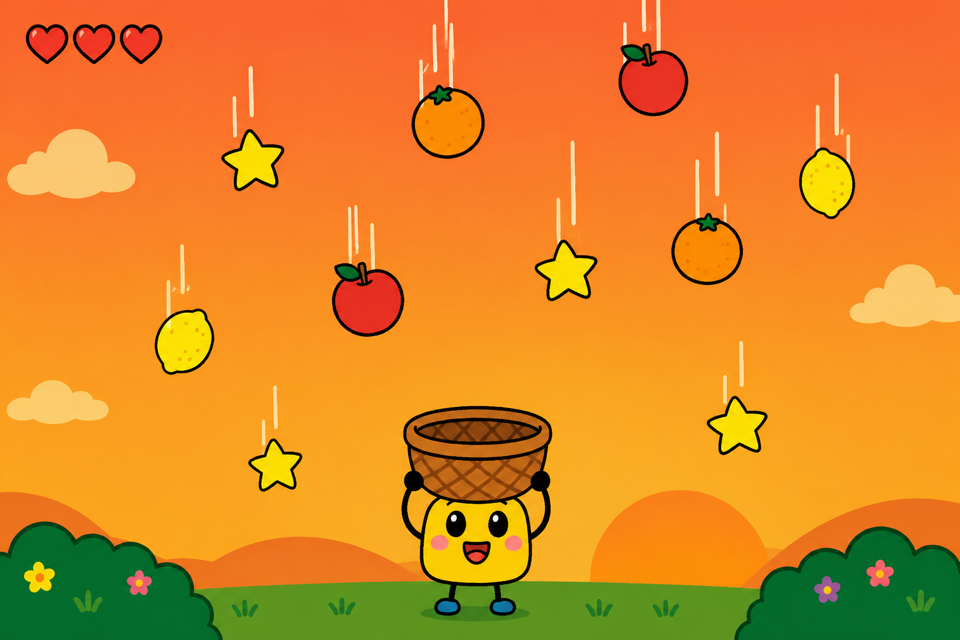 こどもが作った、落ちてくるフルーツをキャッチするゲームの画面