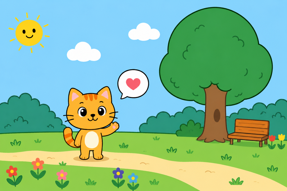 こどもが作った、公園を歩くねこのアニメーション作品の画面